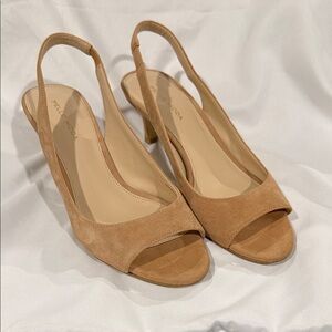 Pelle Moda Camel Suede Slingback Peep Toe Heels Size 7